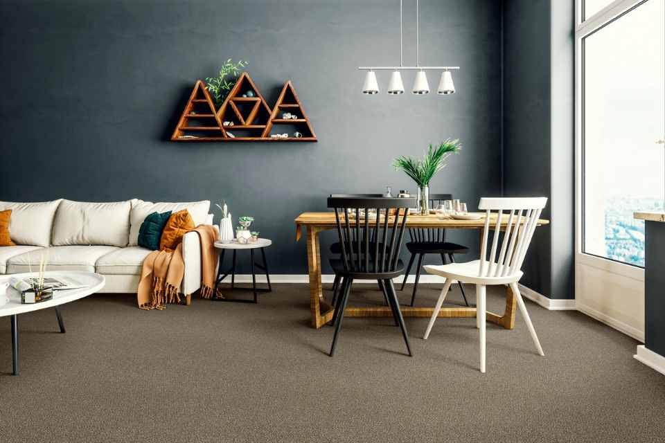 warm brown carpet in living room with grey accent wall and earth toned decor